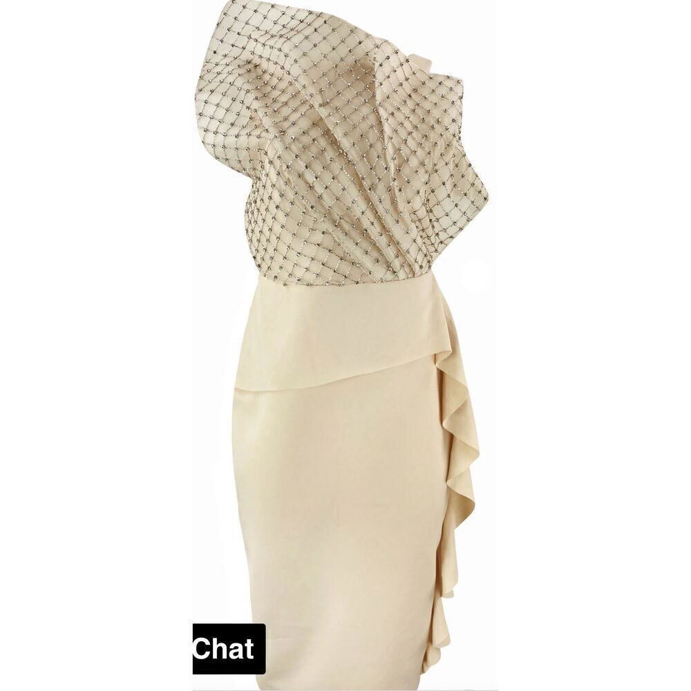 RACHEL GILBERT HAND-BEADED CREPE MIDI DRESS in Beige/Nude NWOT Size US 6 - Picture 2 of 6